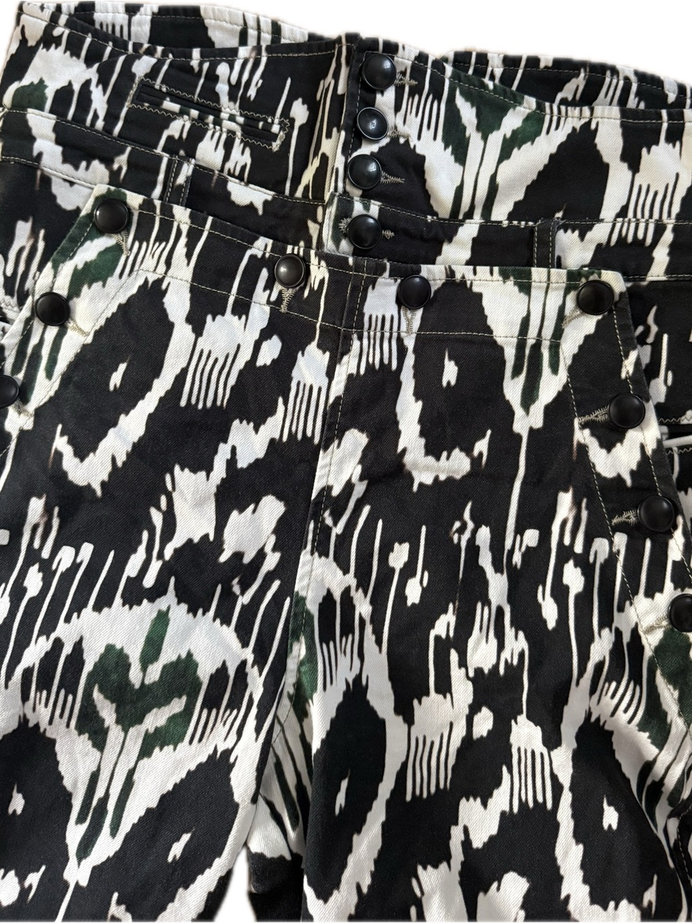 Isabel Marant Black, White and Dark Green Ikat-Style Pants